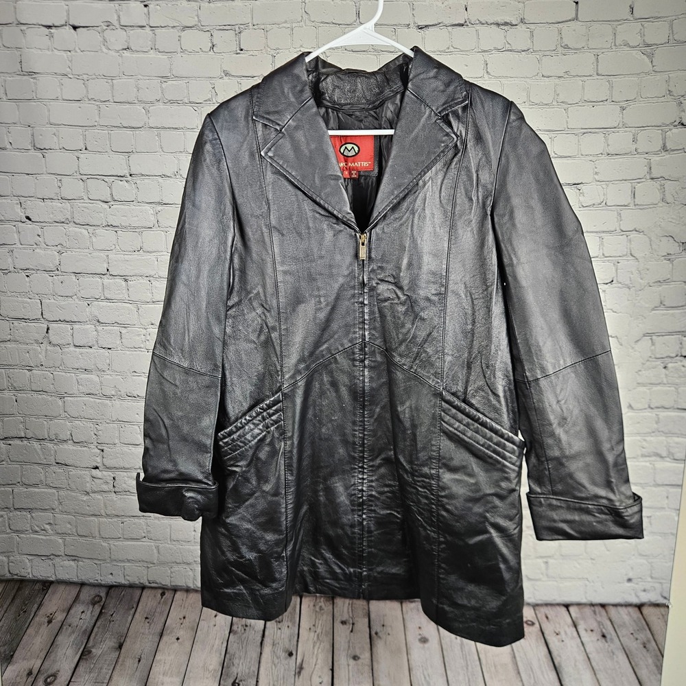 Marc Mattis Womens Black Genuine Leather Zip Up Mid Length Jacket Coat Small